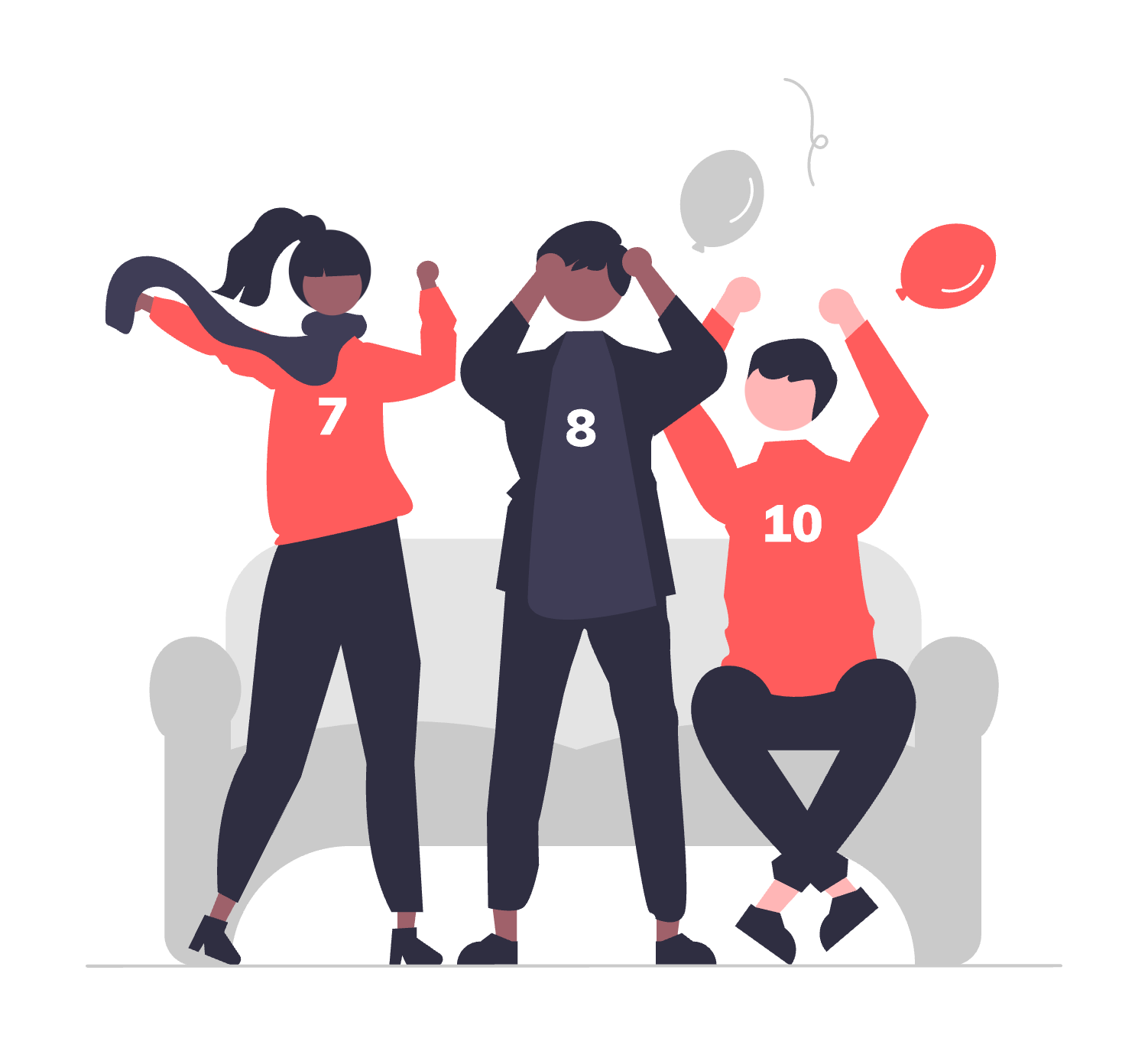 An illustration of three sport fans cheering on a couch