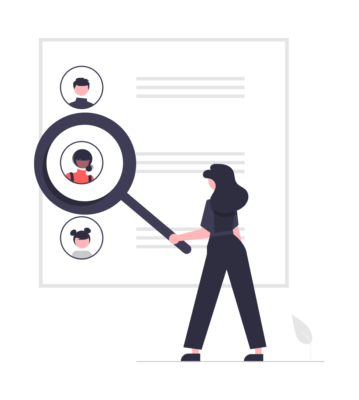 An illustration of a person with a magnifiny glass looking at people portraits on a document