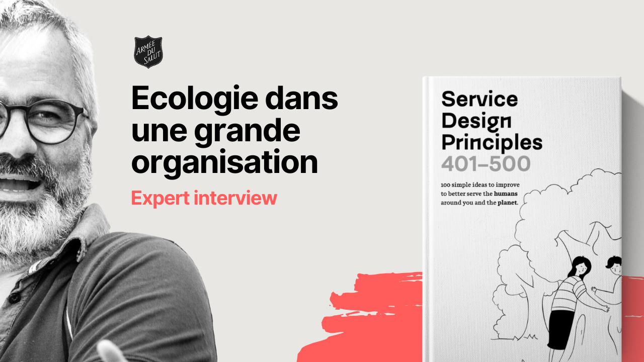 A photo of Michel and the book cover with the title in french saying: Sustainability in a big organization, expert interview