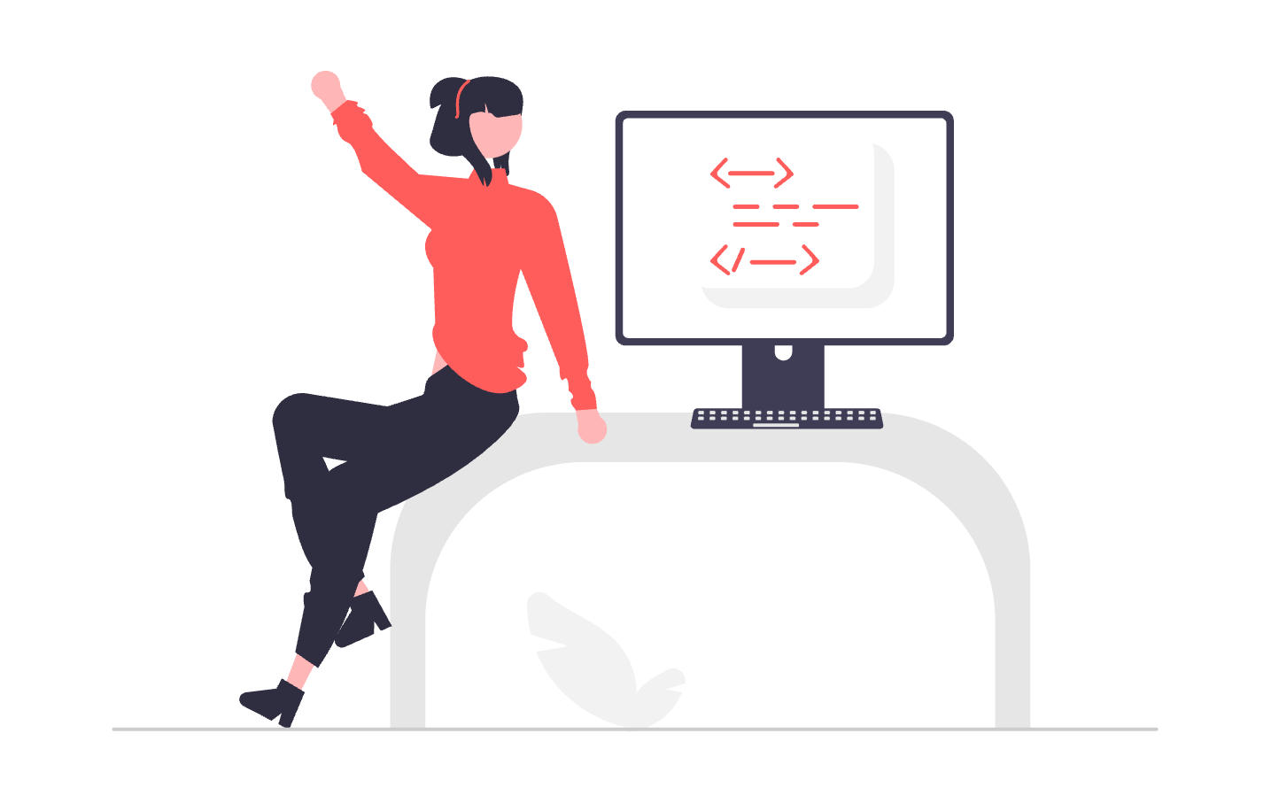 An illustration of a person next to a computer with code on it