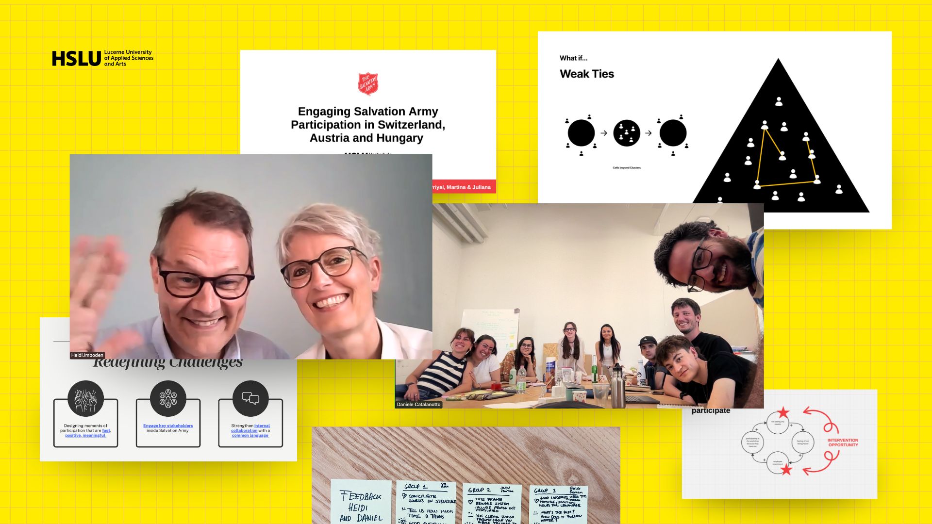 A collage of some slides showing results of the workshop and two photos of the participants and the decision makers from the Salvation Army