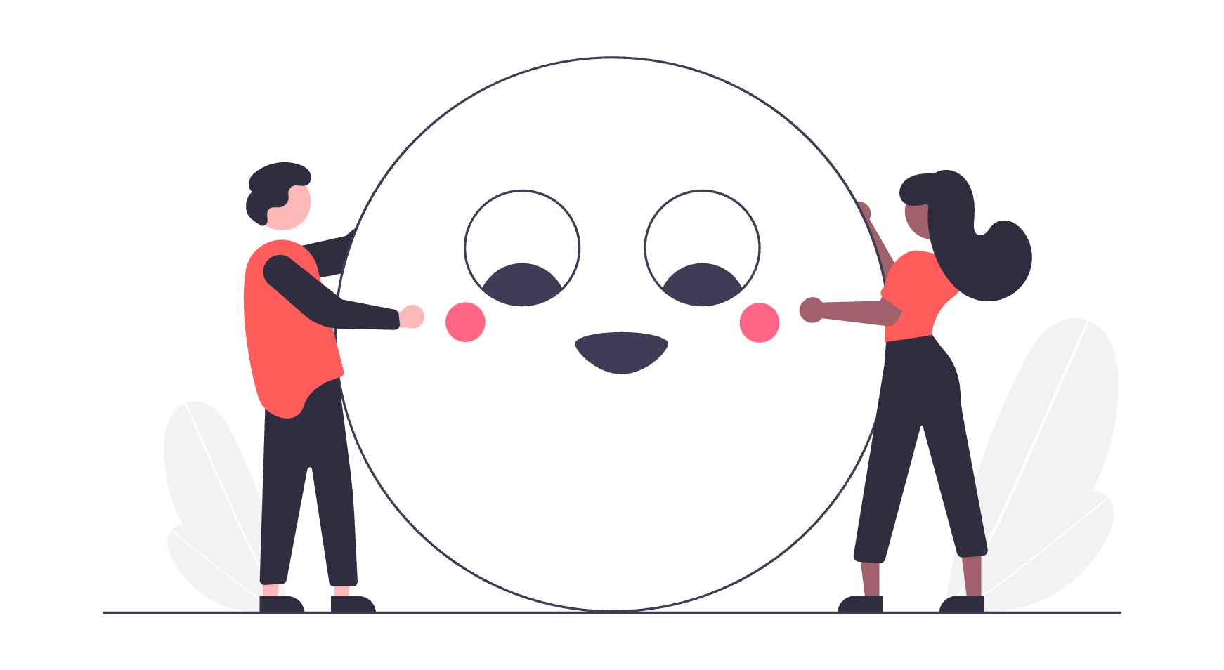 An illustration of two people holding a huge smiling round face