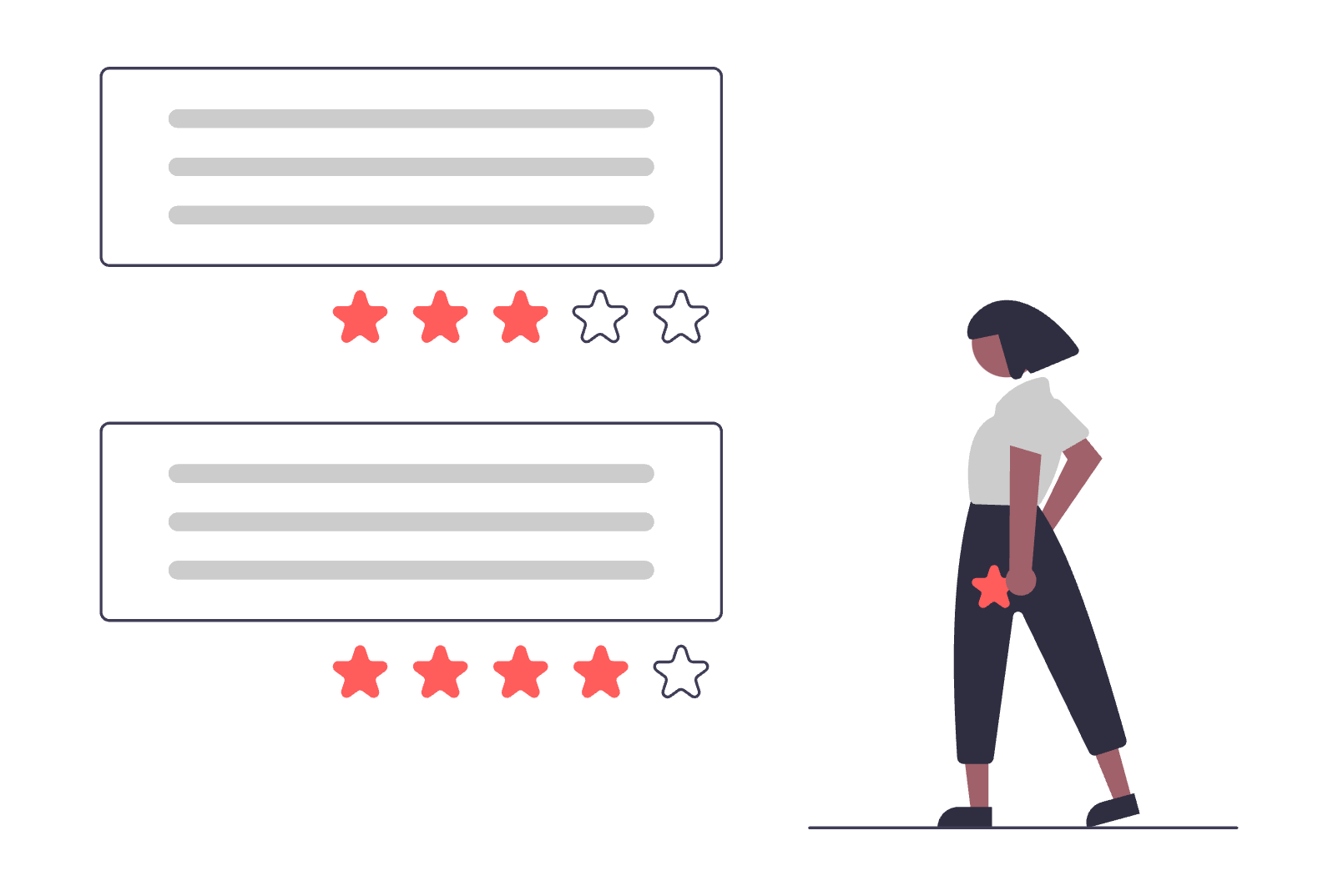 An illustration showing a person next to reviews using a five star rating with feedback