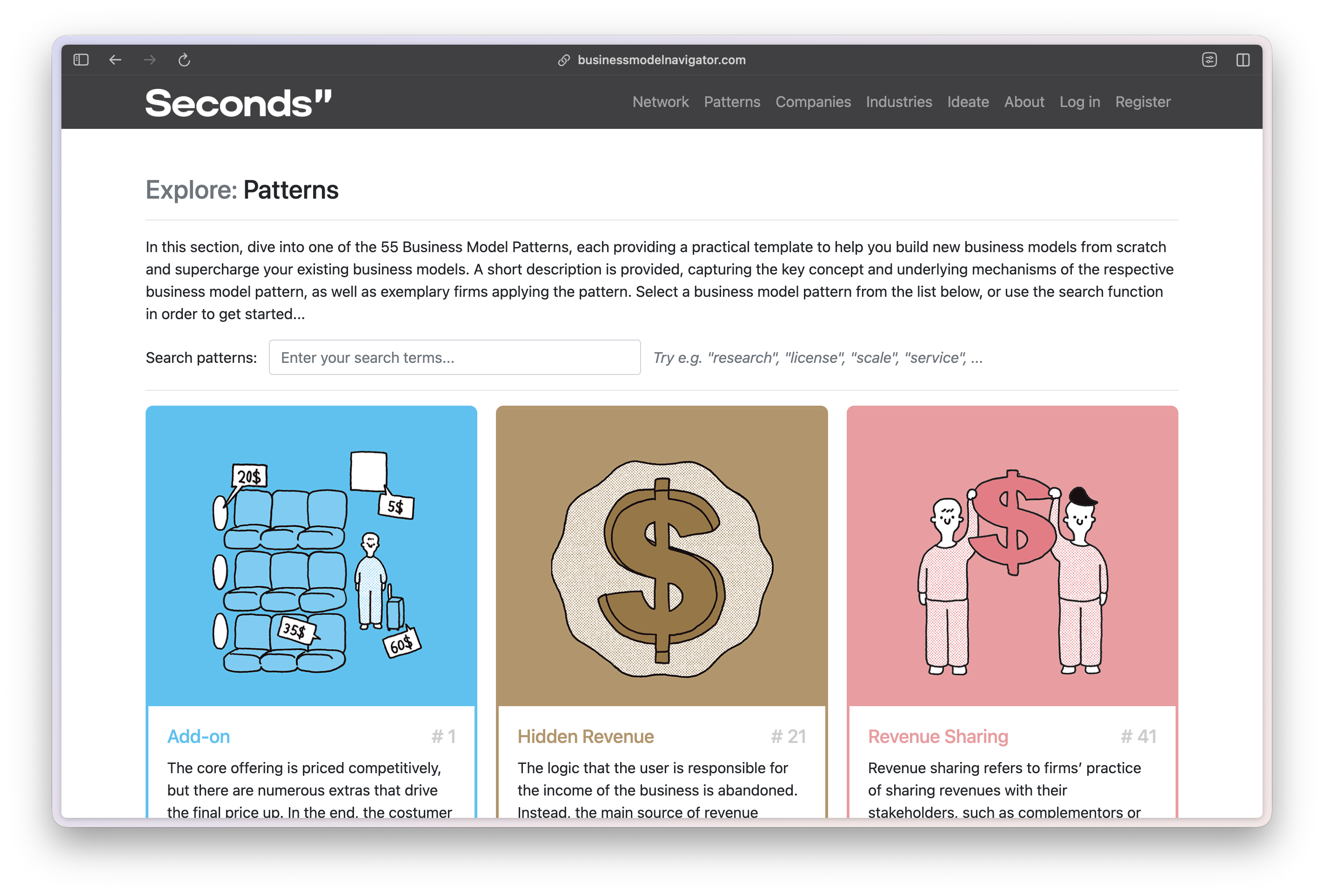 A screenshot showing the Business Model Navigator website with the patterns library open