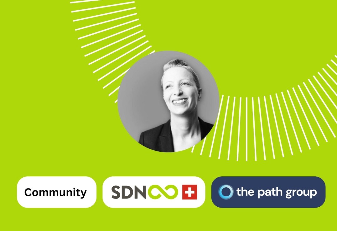 Portrait of Isabell Fringer with the logo of SDN and the company she works at: the path group