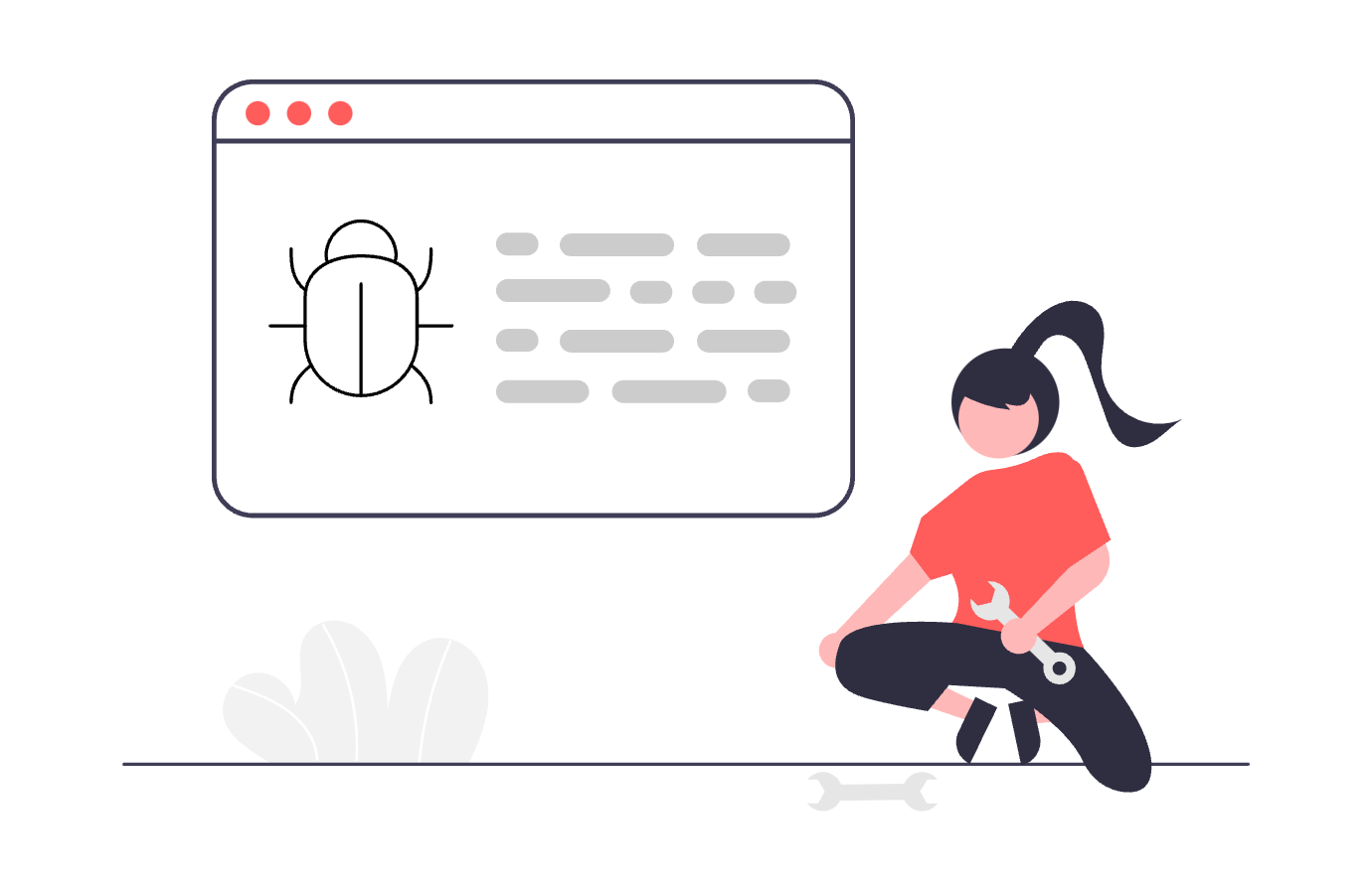 An illustration of a person with a tool in one of her hands next to a screen showing a bug