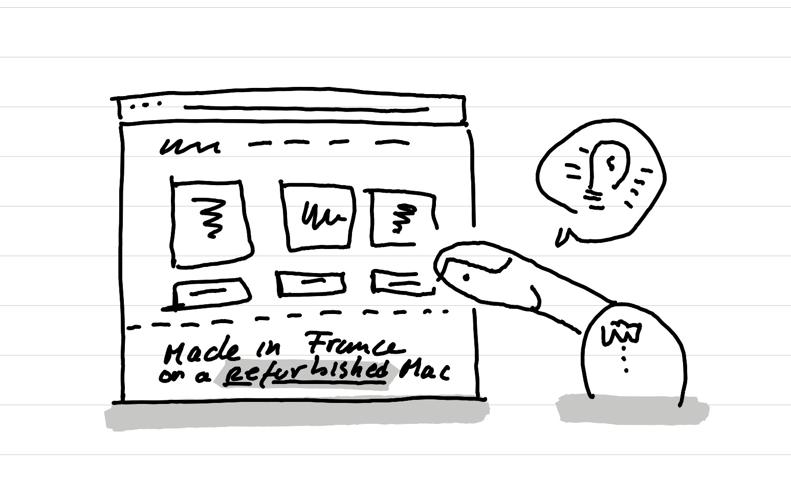 An illustration showing a person looking at the footer of a website which says - made in france on a refurbished Mac