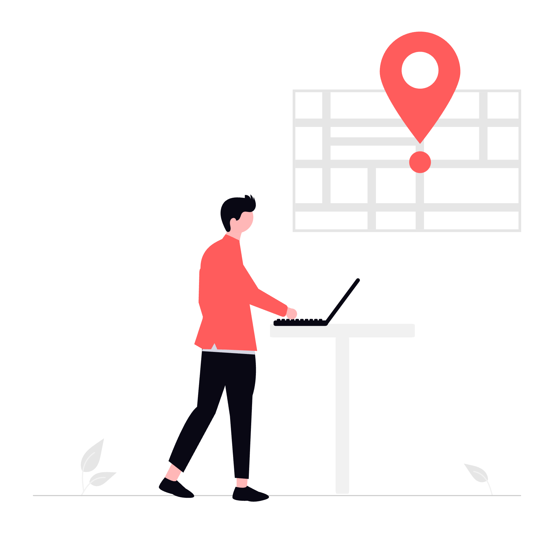 An illustration of a person with a laptop open looking at a map with a big pin.