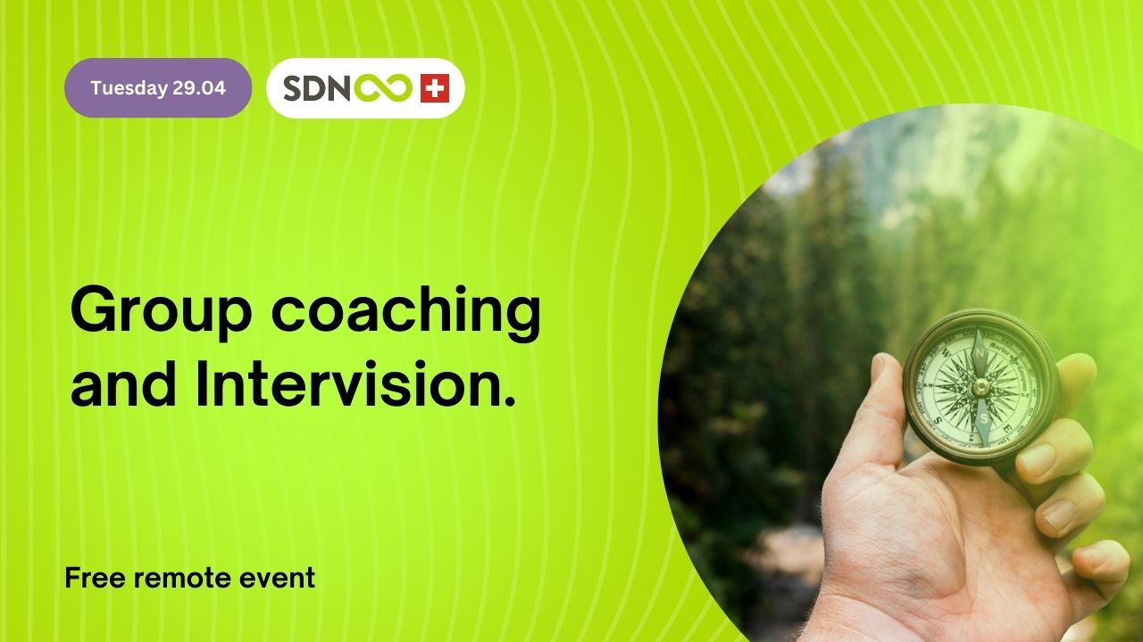 An illustrative banner with the title: Group Coaching and Intervision, Free remote Event, Tuesday 29.04. A photo of a compass and the SDN Switzerland logo.