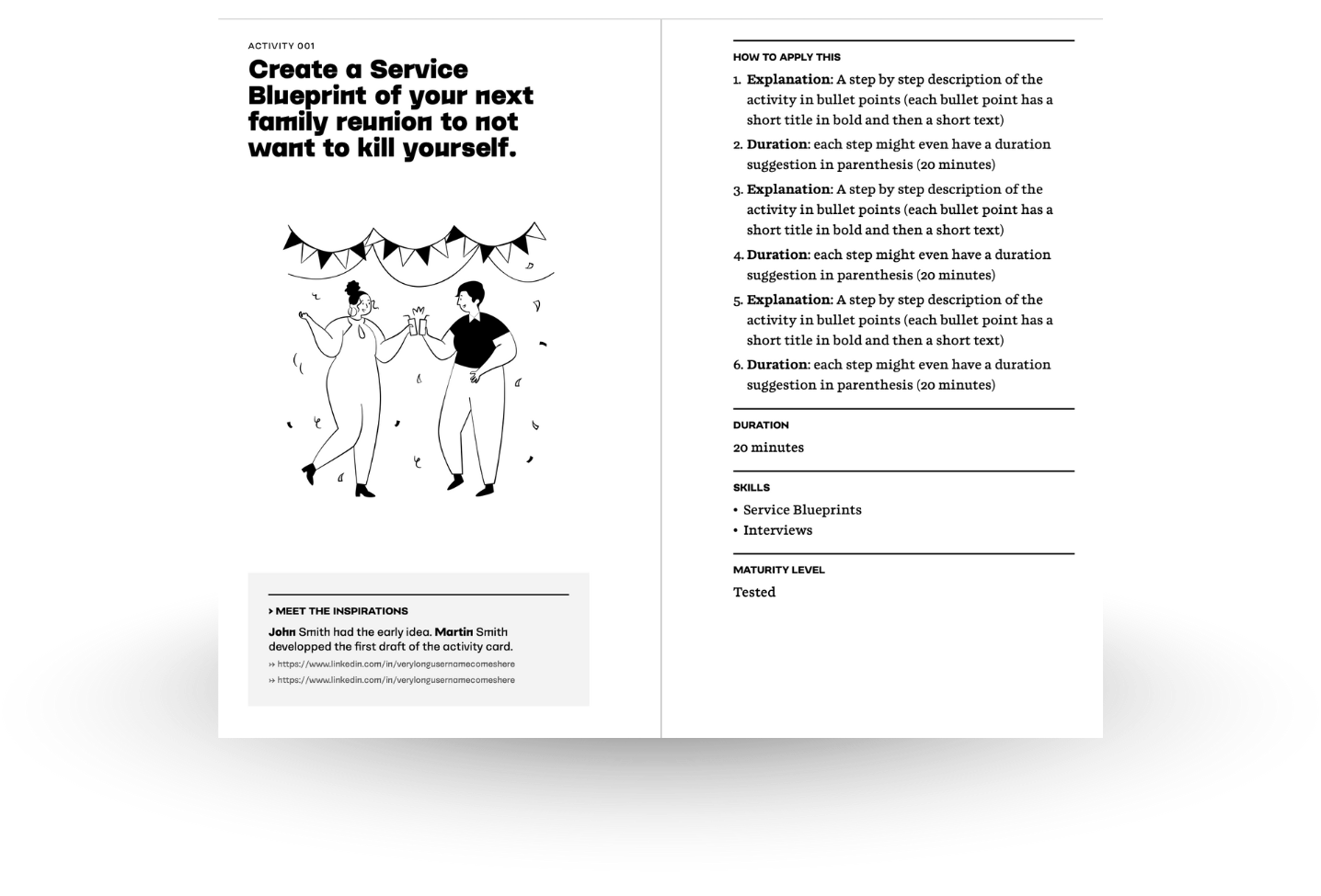 A mockup of a spread from the interior of the book showing how an activity card looks like