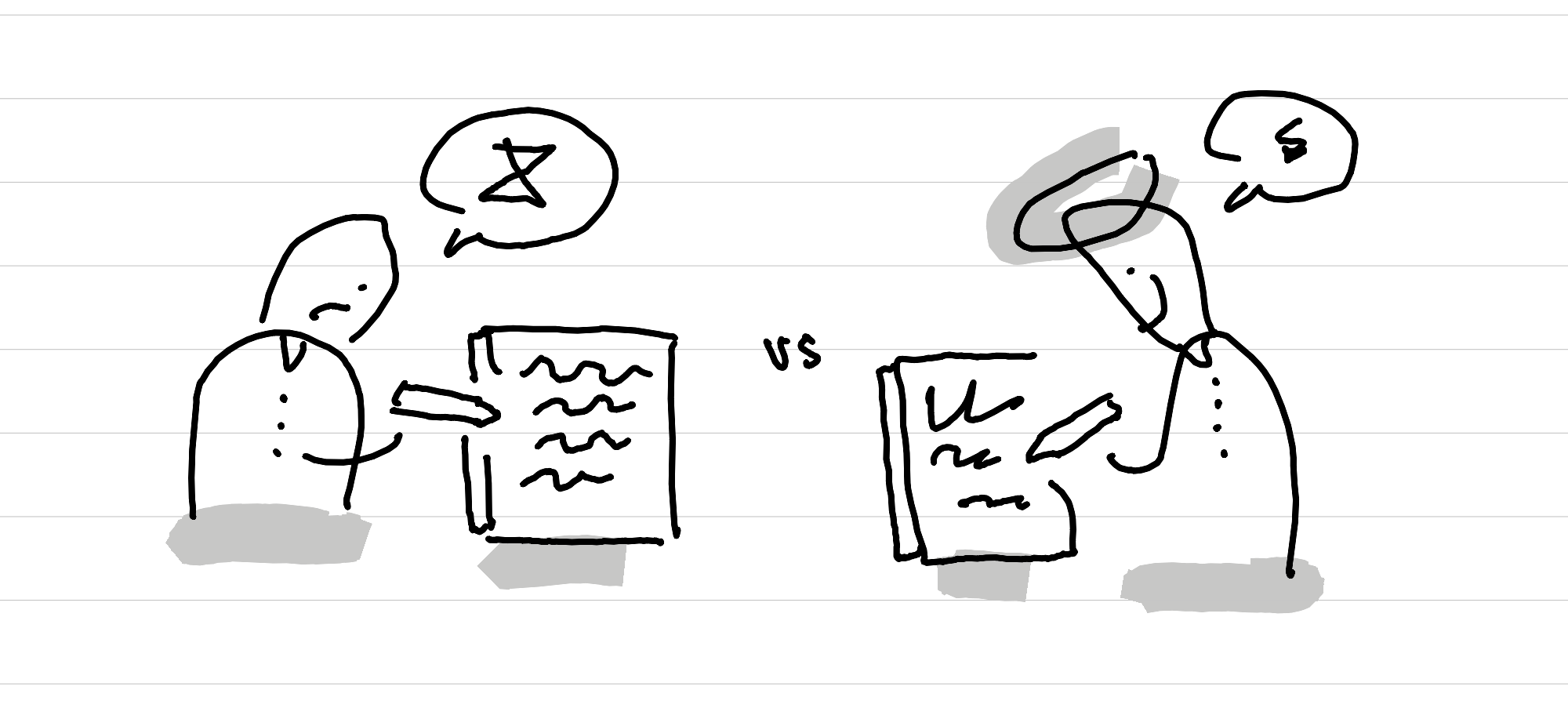 An illustration showing two people - one writing by hand with care but it takes ages - one writing as it comes and it is fast