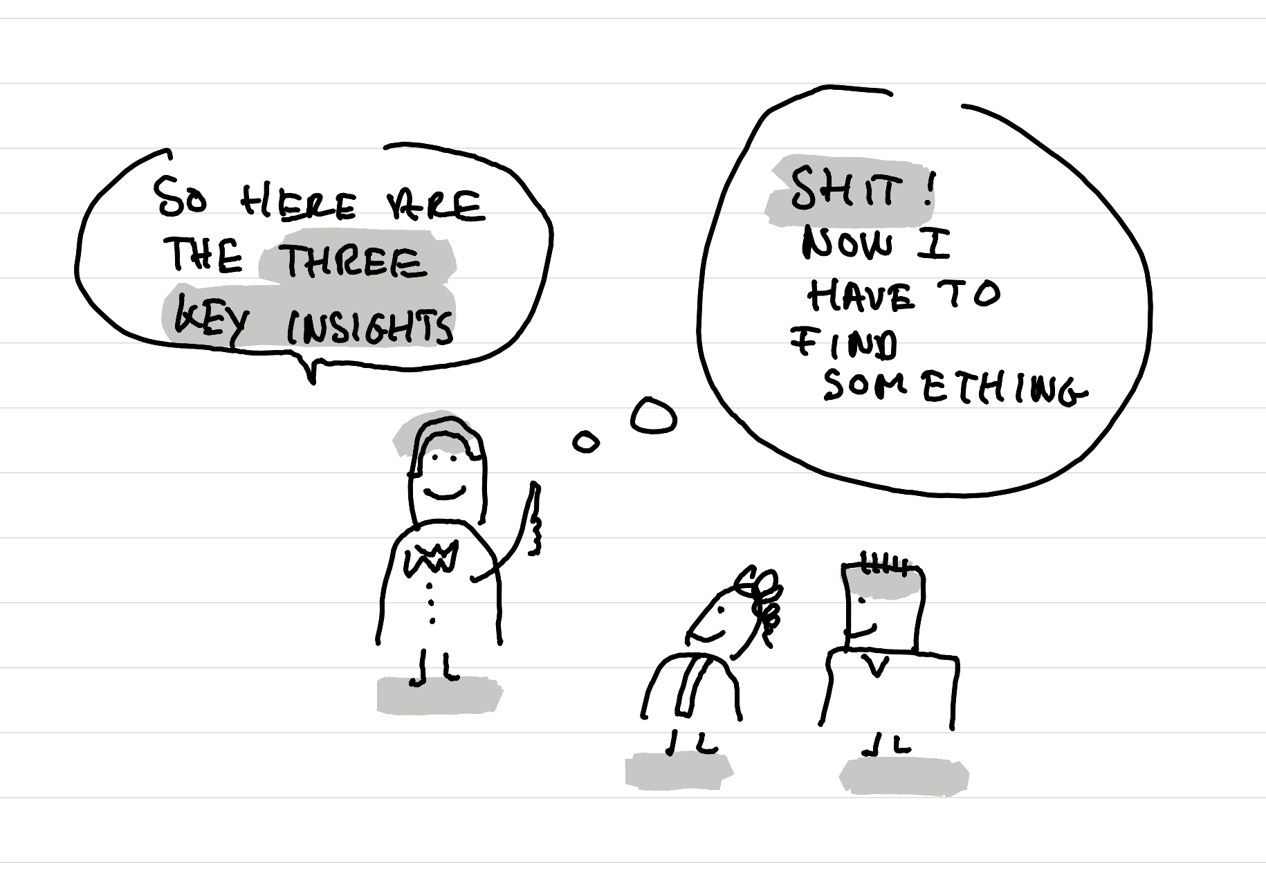 An illustration showing a tiny challenge to build the synthesis muscle - saying here are the three key insights before knowing what they are