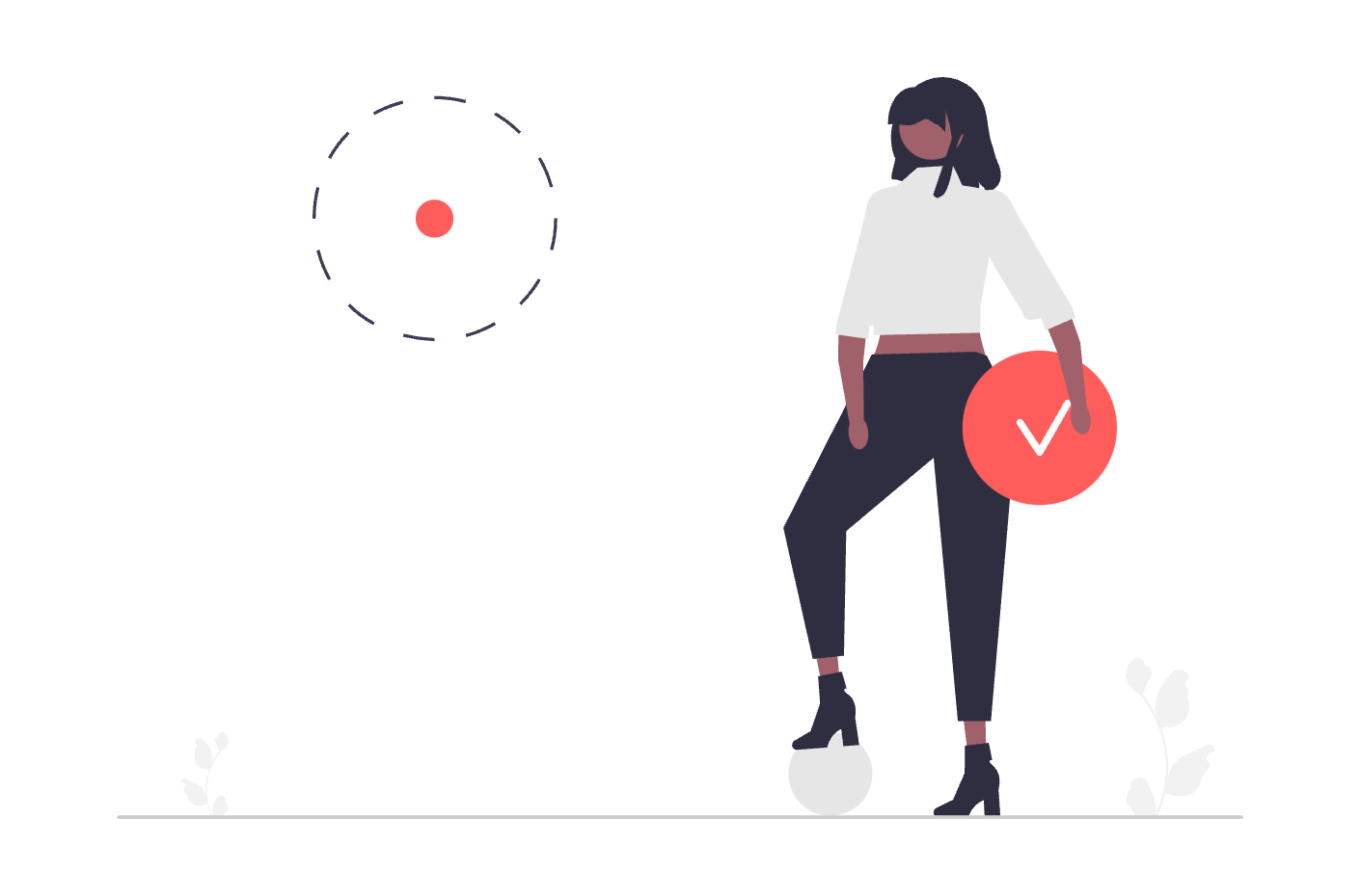 An illustration of a person next to an empty circle (feedback) holding a check mark (decision)