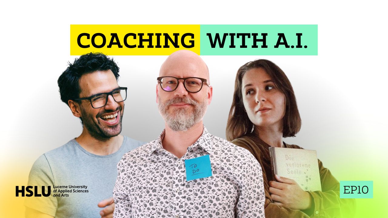 The three guest portraits: Daniele, Andy and Tetyana Kalyuzhna with the title Coaching with A.I.