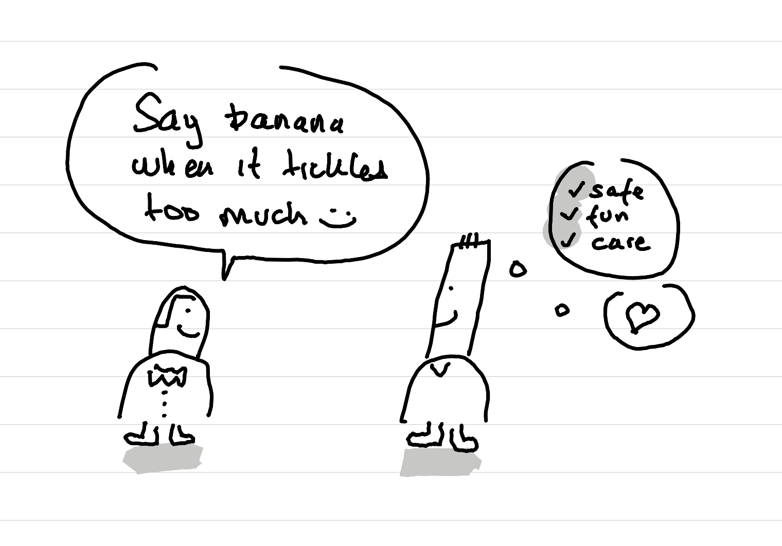 An illustration showing a coach and a coachee - the coach says - say banana when it tickles too much - the coachee feels safe - sees the care - and experiments a touch of fun