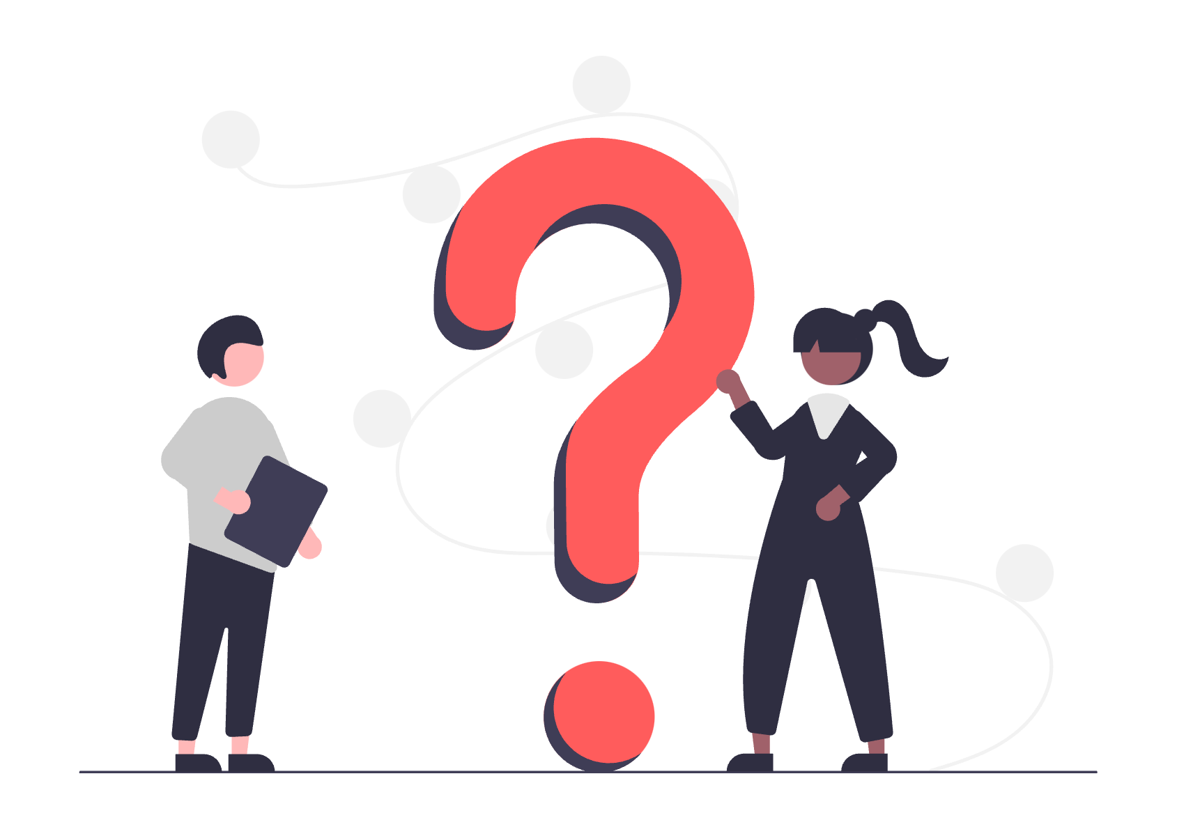 An illustration of two people with in the middle a big question mark