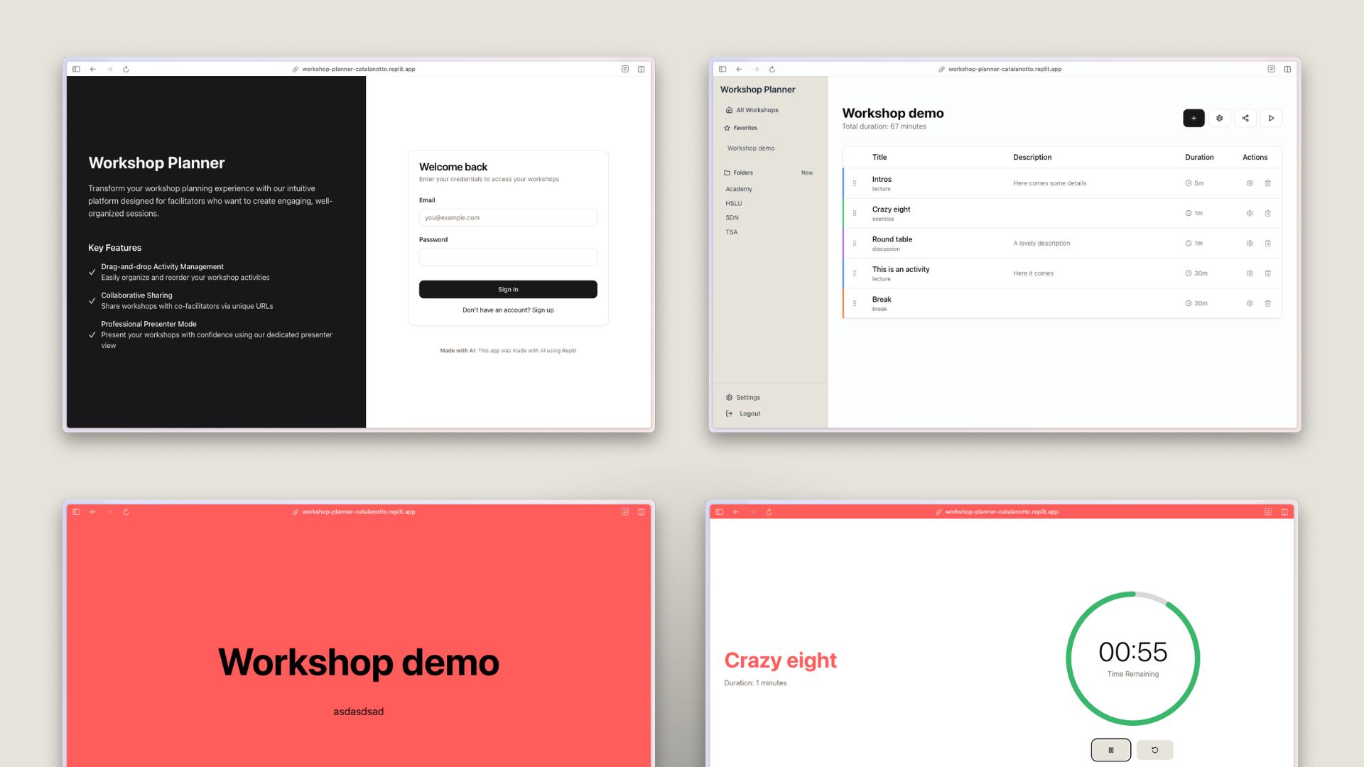 Four screenshots of a workshop planner app built with Replit