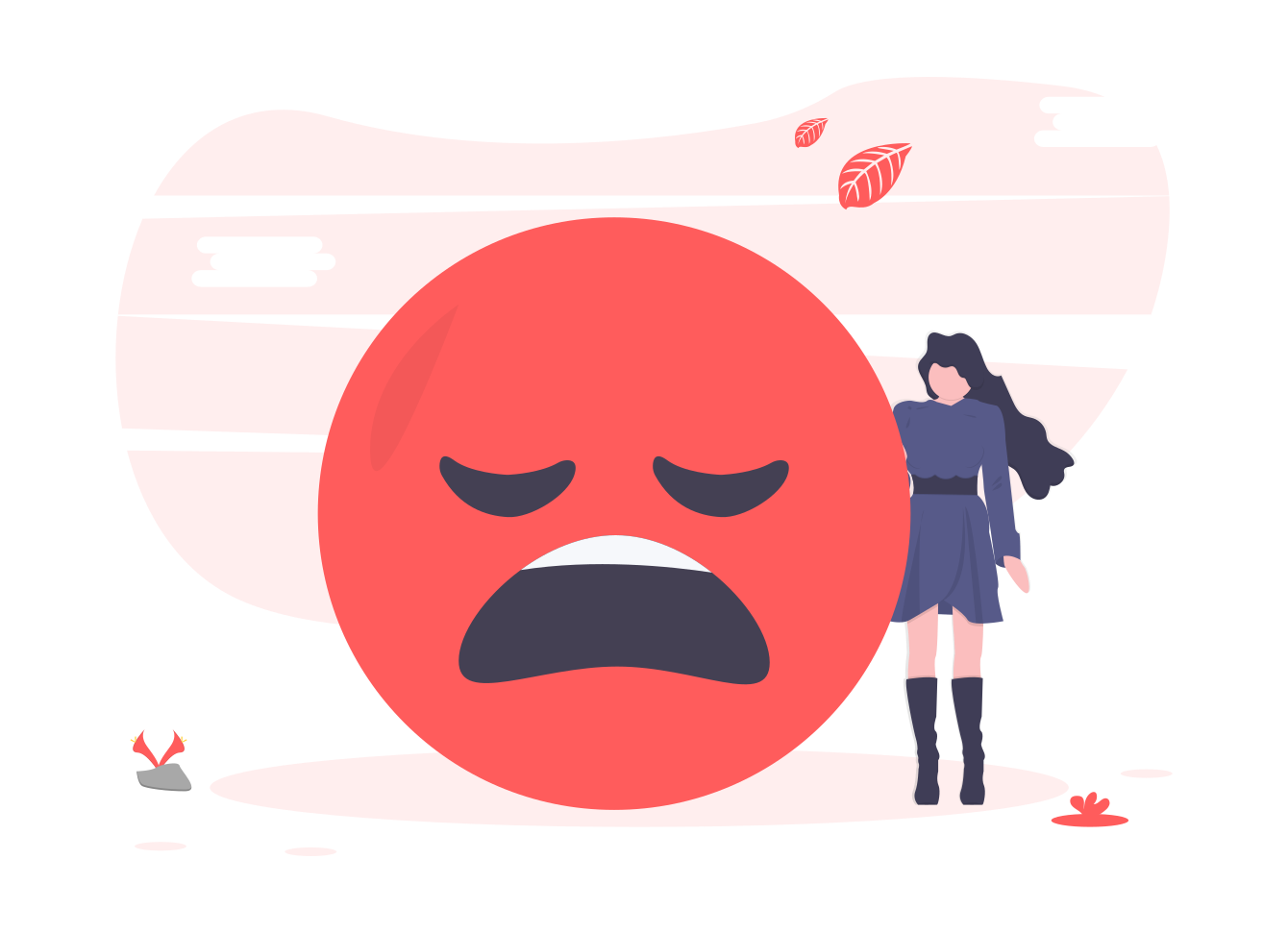 An illustration of a person next to a huge and sad face